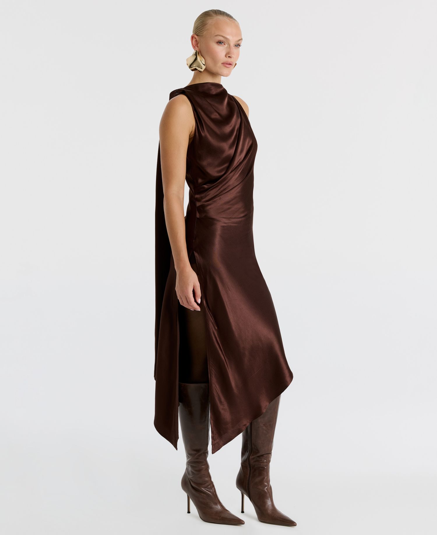 Women's Valentine High-Low Mock Neck Satin Midi Dress
