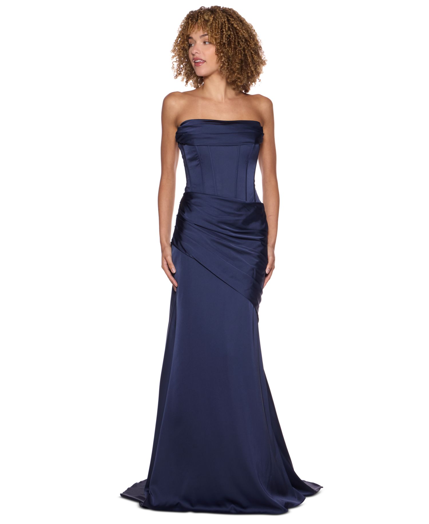 Juniors' Strapless Cowl Neck Long Gown