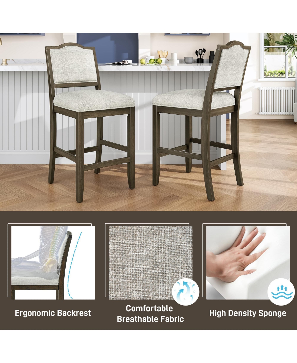 Maison Boucle Counter Height Bar Stools Set of 2, Solid Wood Frame, Upholstered Seat And Back, Curved Backrest