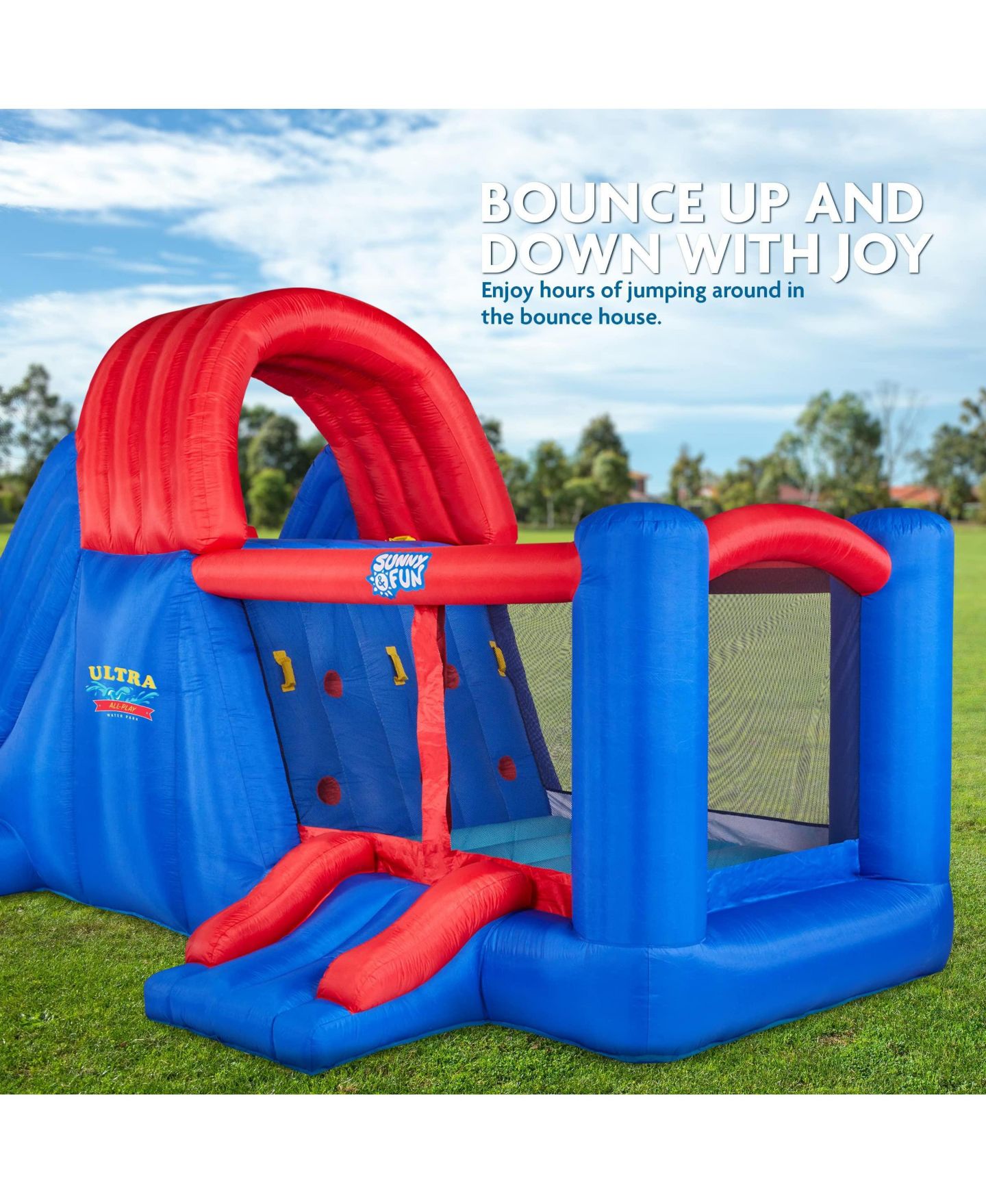 Детские игрушки Sunny & Fun Ultra All-Play Nylon Inflatable Bounce House with Dual Racing Slides, Approx. 276"L x 193.2"W x 108"H, Ages 3+, цвет: Синий — фото 9