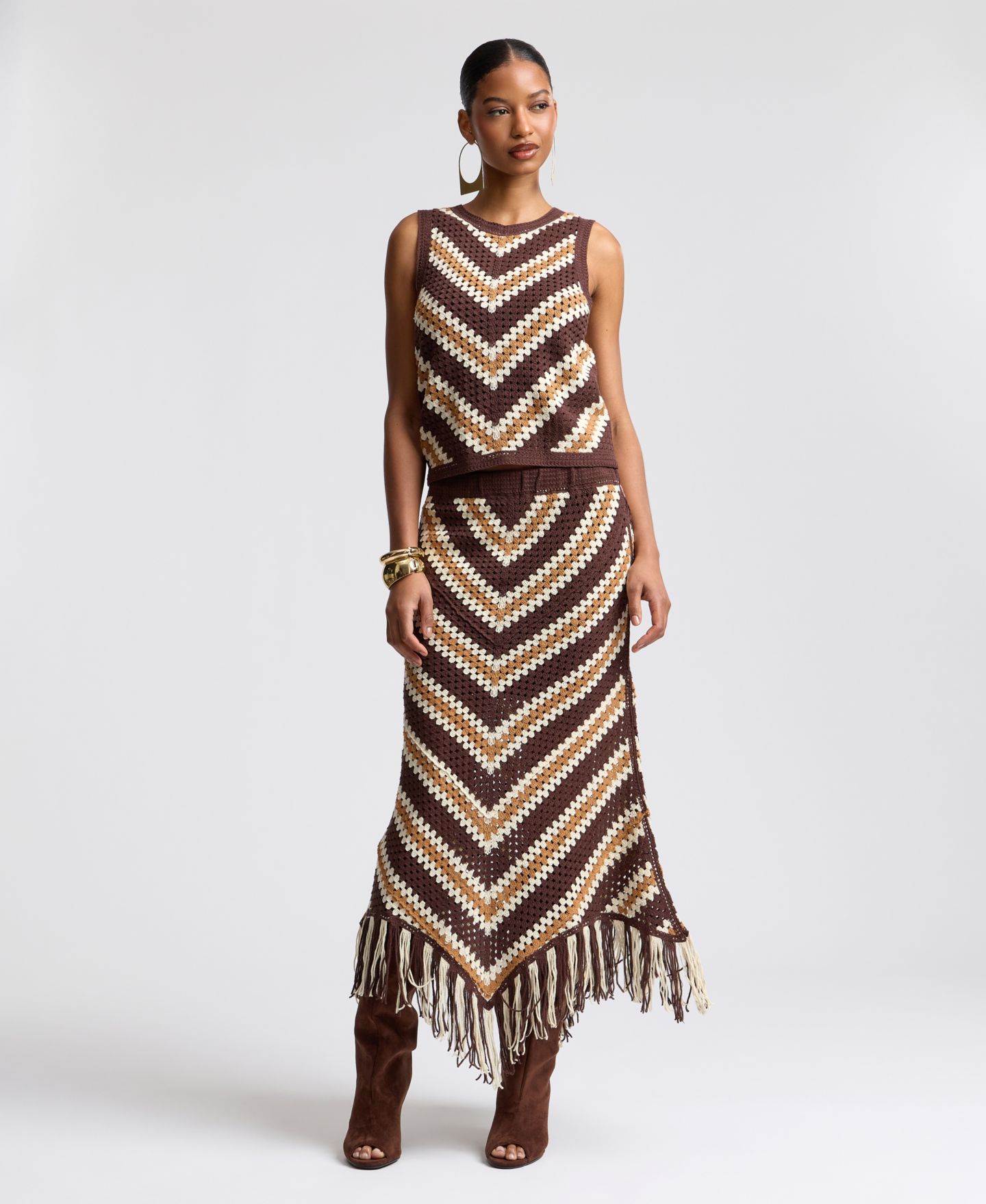 Женская юбка Avec Les Filles Striped-Crochet Midi Skirt with Fringe, цвет: Коричневый — фото 2