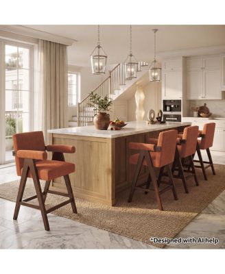 Set of 4 Mid-Century Modern Counter Height Bar Stool with Arms, Solid Wood Frame, Upholstered Full Back, Footrest