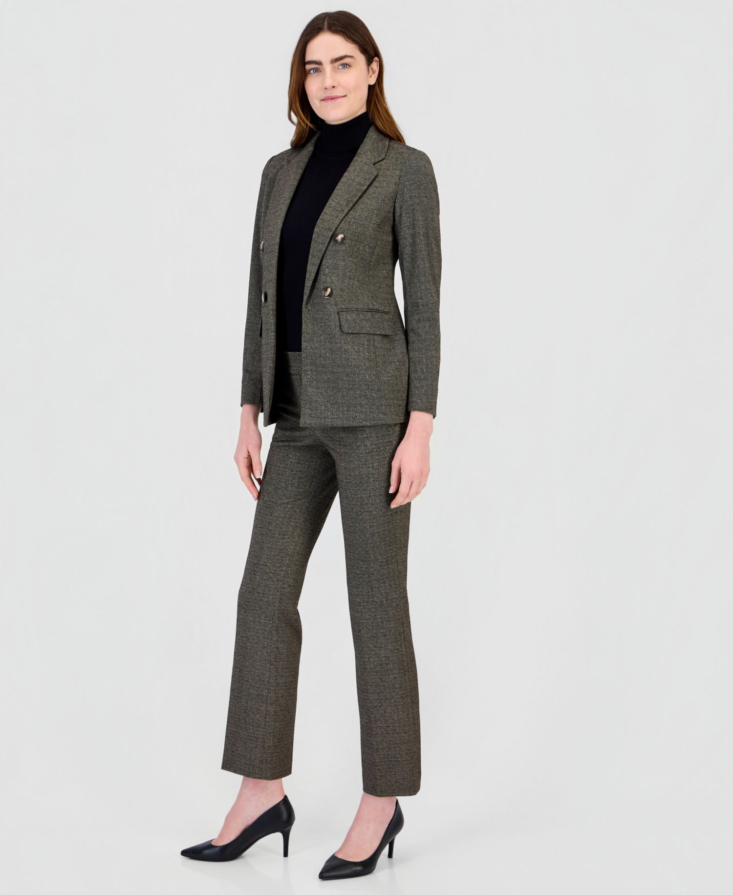 Faux Double-Breasted Blazer, Half-Sleeve Top & Pull-On Pants