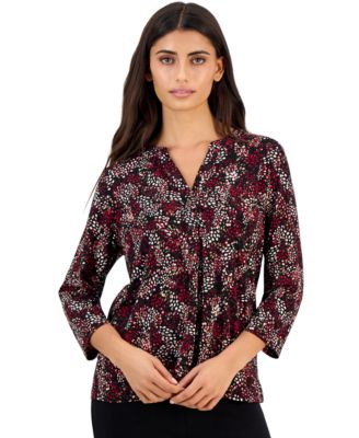 Petite Henley 3/4-Sleeve Print Top
