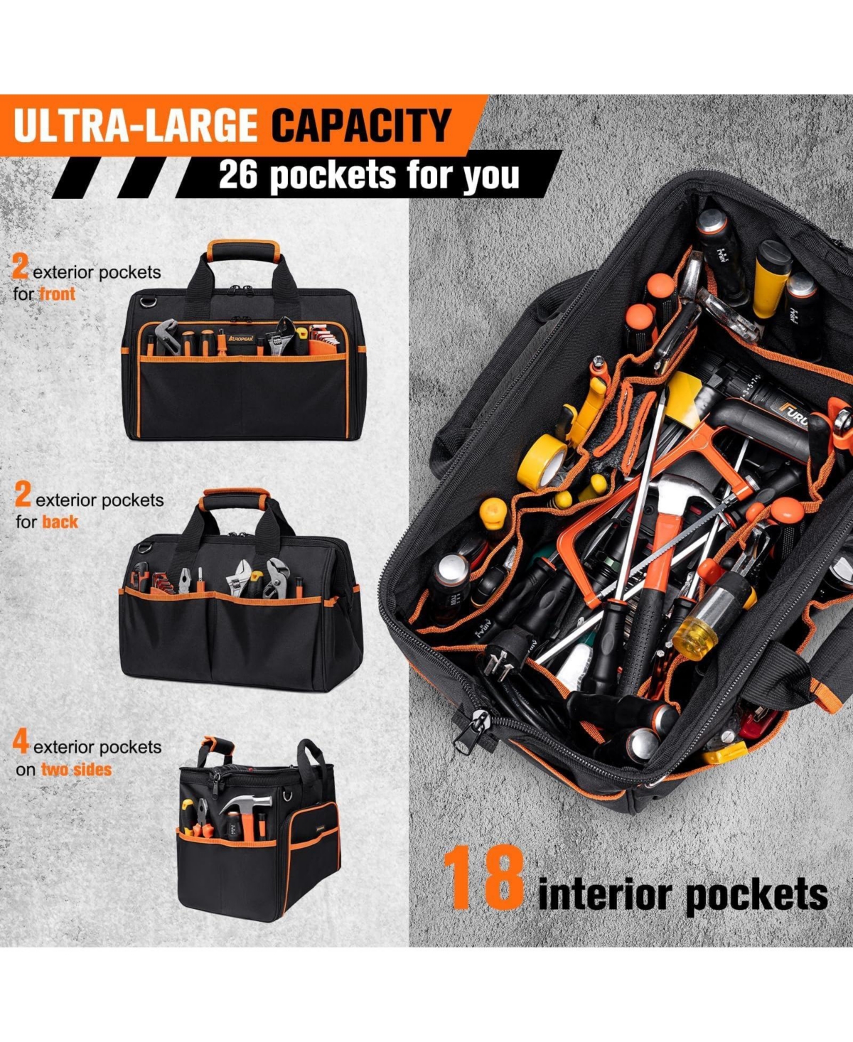 Xdovet Tool Bag 26-Pocket Organizer Adjustable Shoulder Waterproof Foldable Hvac Electrician Mechanic Contractor