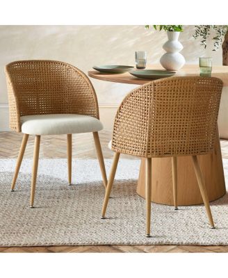 Set of 2 Rattan Back Dining Chairs, Woven Cane Accent Chairs with Upholstered Seat for Kitchen
