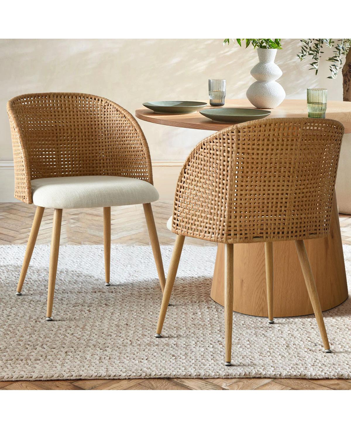 Maison Boucle Set of 2 Rattan Back Dining Chairs, Woven Cane Accent Chairs with Upholstered Seat for Kitchen