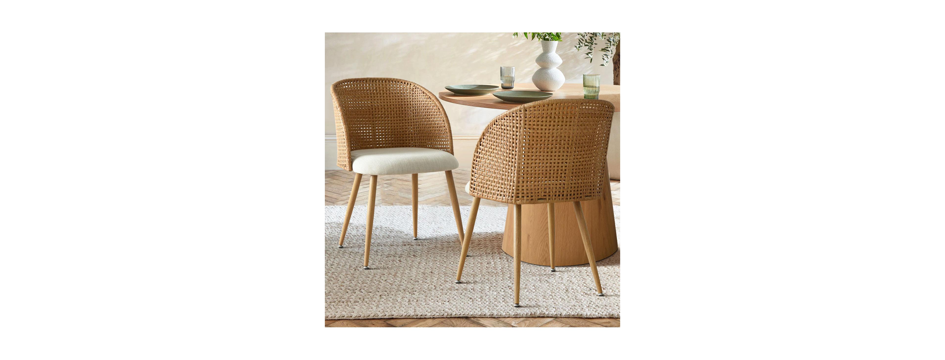 Maison Boucle Set of 2 Rattan Back Dining Chairs, Woven Cane Accent Chairs with Upholstered Seat for Kitchen
