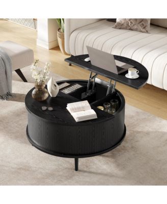Round Lift-Top Storage Coffee Table with Vertical Striped Panel, Multi-Functional Hidden Storage Center Table for Living Room