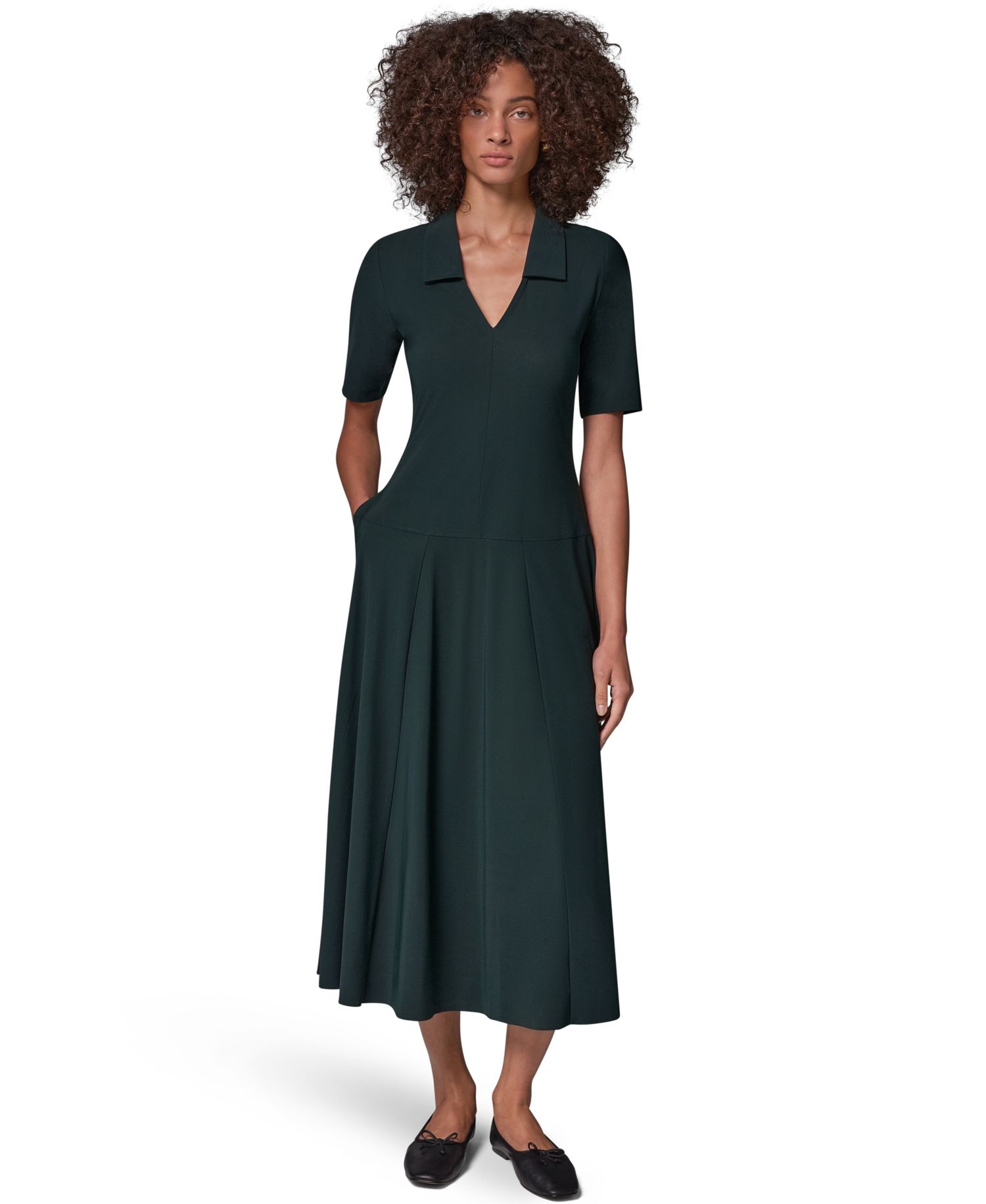 Women's V-Neck A-Line Midi Dress with Pockets