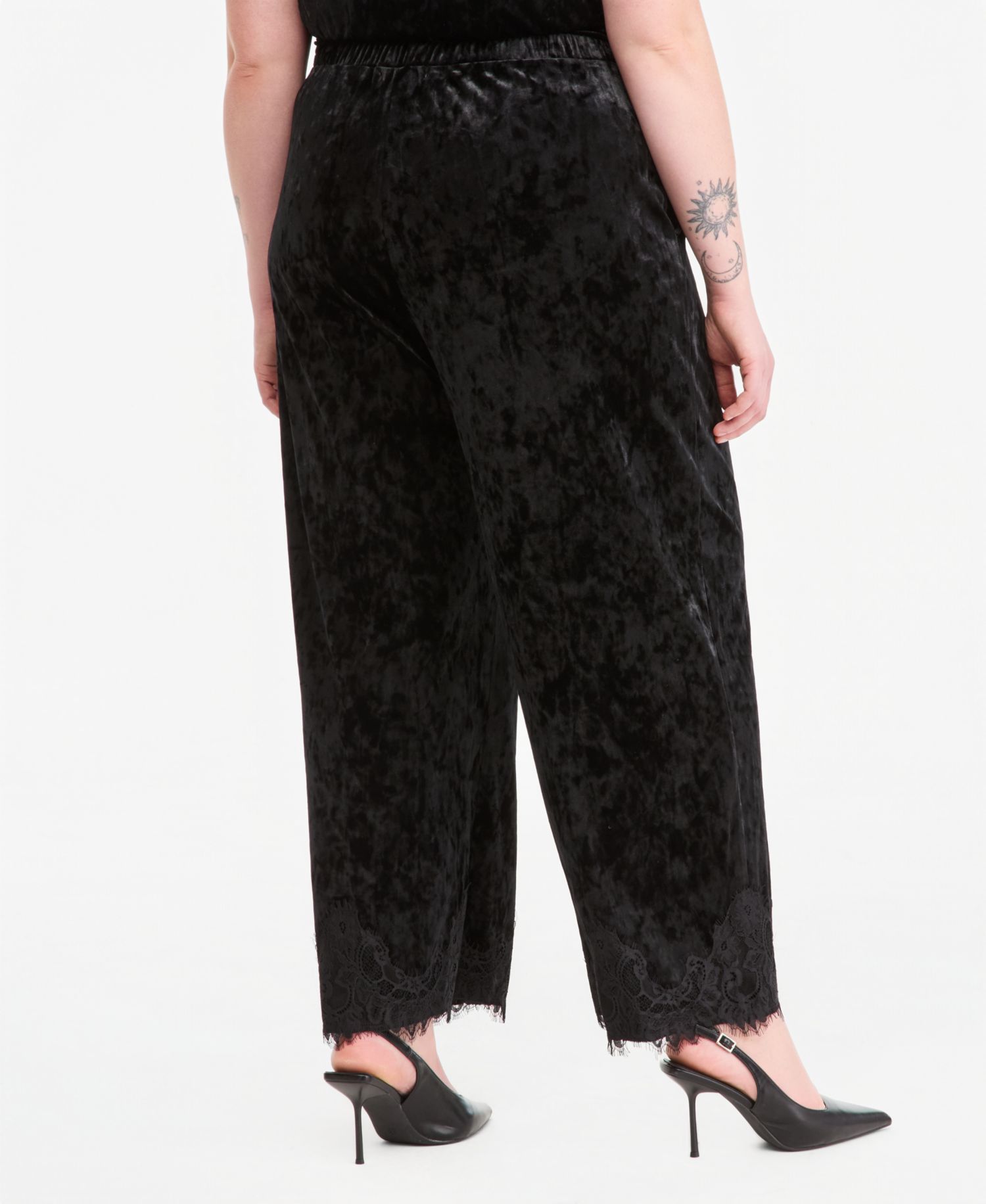 Plus Size Velvet Lace-Trim Wide-Leg High-Waisted Pants