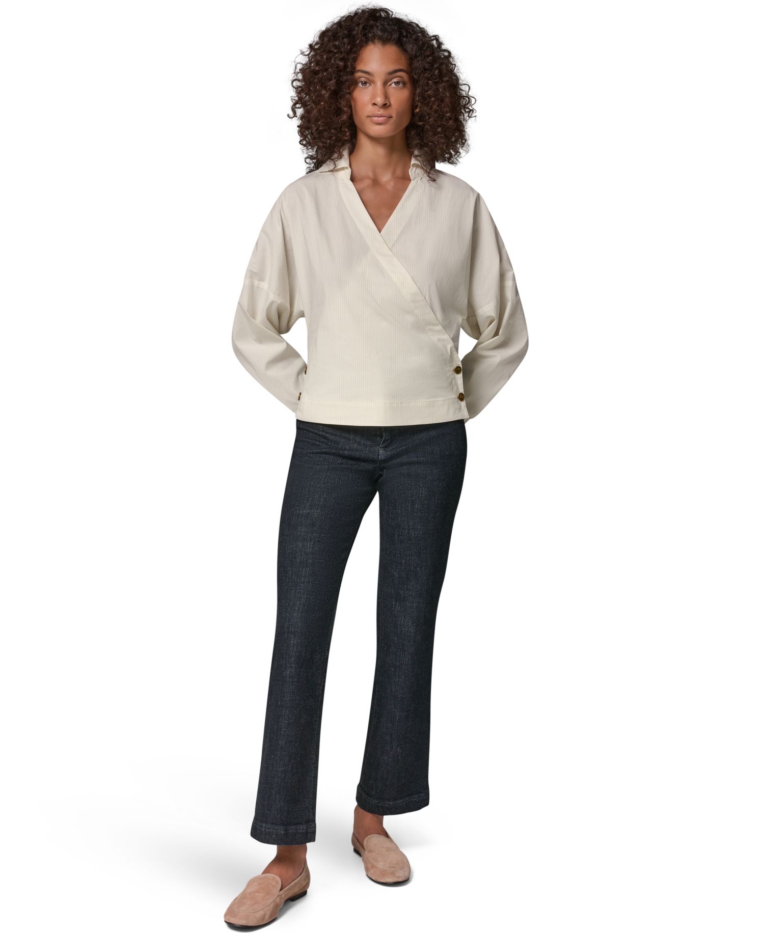 Women's Pinstripe Long-Sleeve Collared V-Neck Blouse