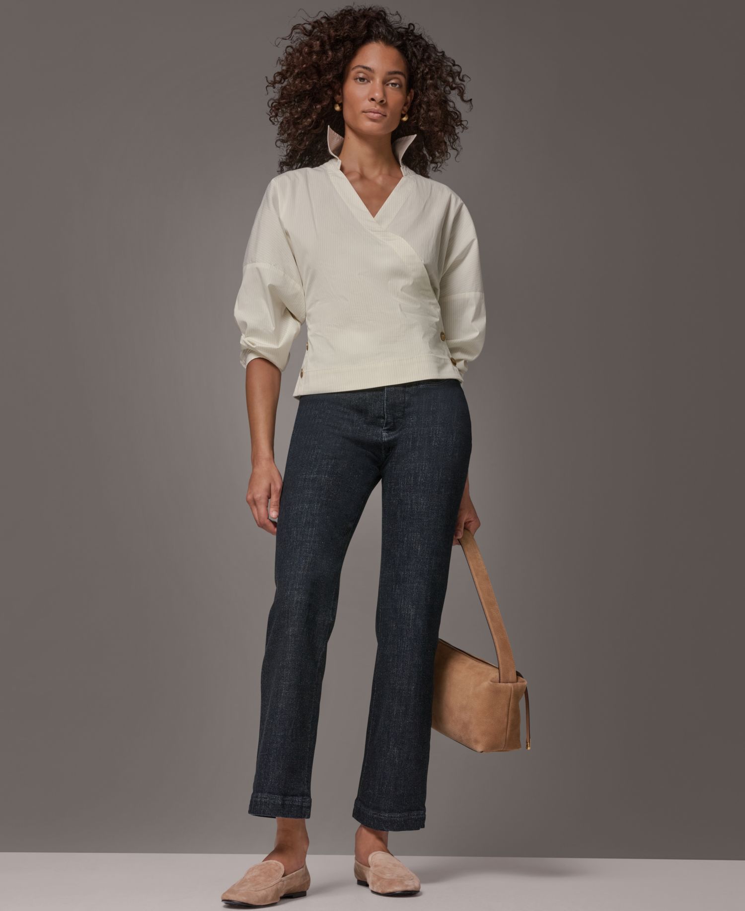 Women's Pinstripe Long-Sleeve Collared V-Neck Blouse