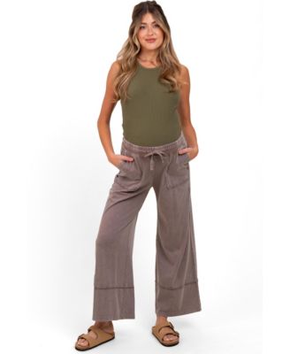 Women's Mocha Mineral Wash Wide Leg Ankle Pants