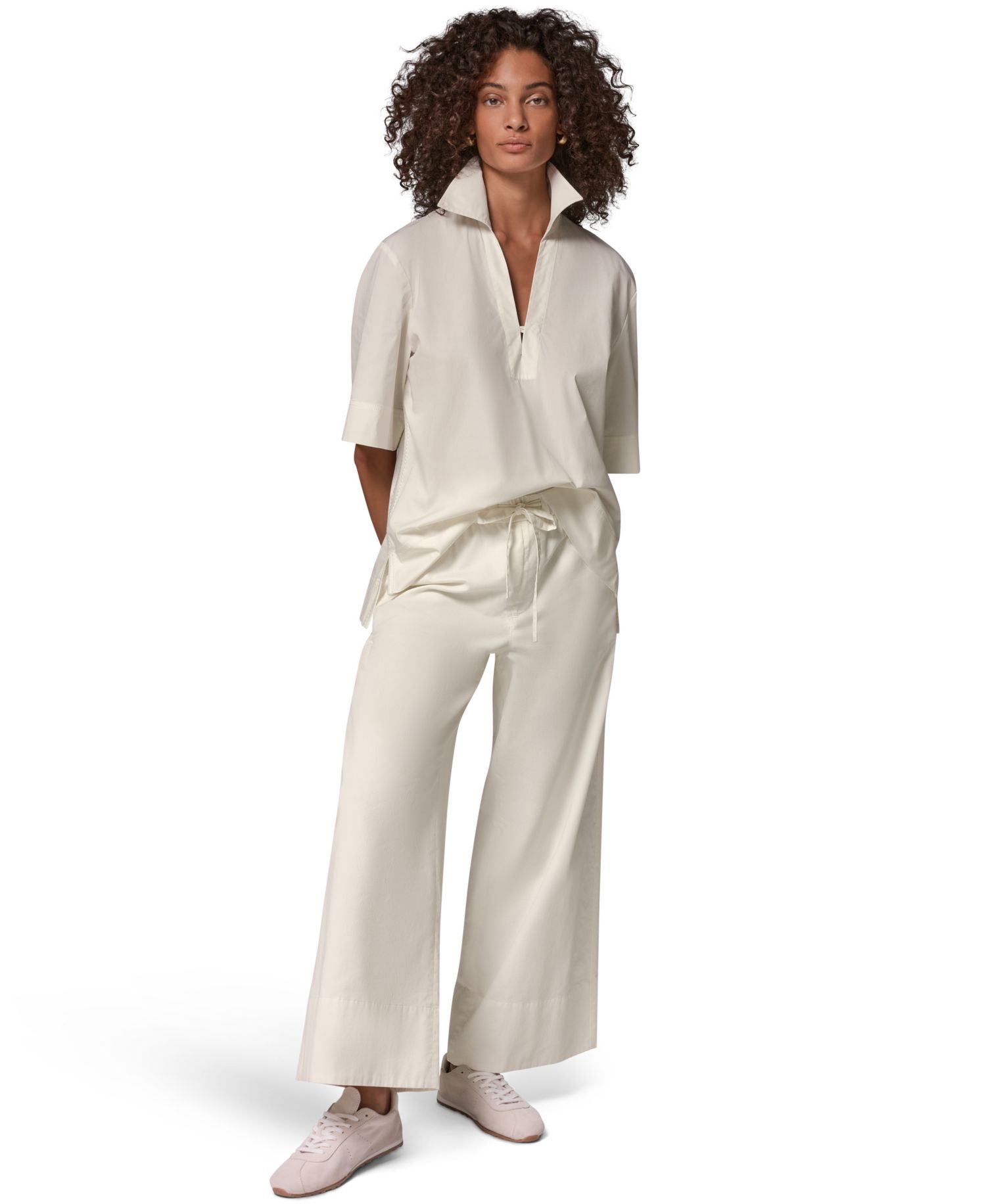 Women's Poplin Short-Sleeve V-Neck Collared Blouse