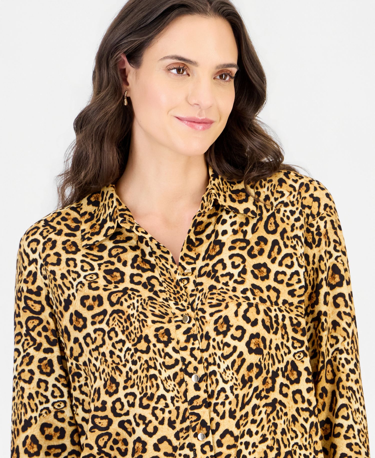 Women's Leopard-Print Roll-Tab Point Collar Button Top