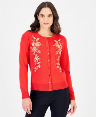 Women's Embellished Floral Applique Button-Front Cardigan
