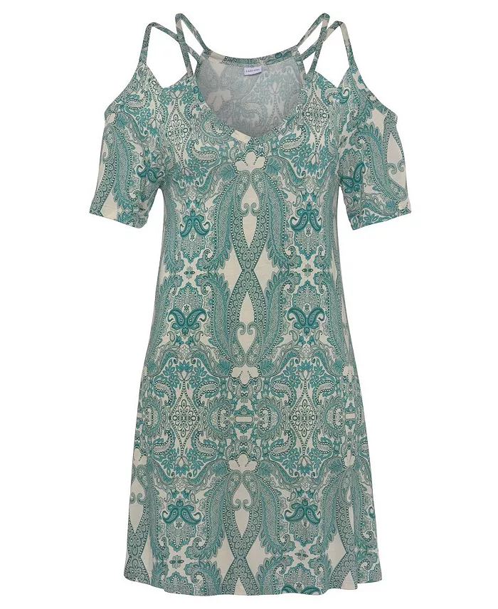 Women's Viscose Printed Cold Shoulder V-Neck Short Dress - thumbnail 4