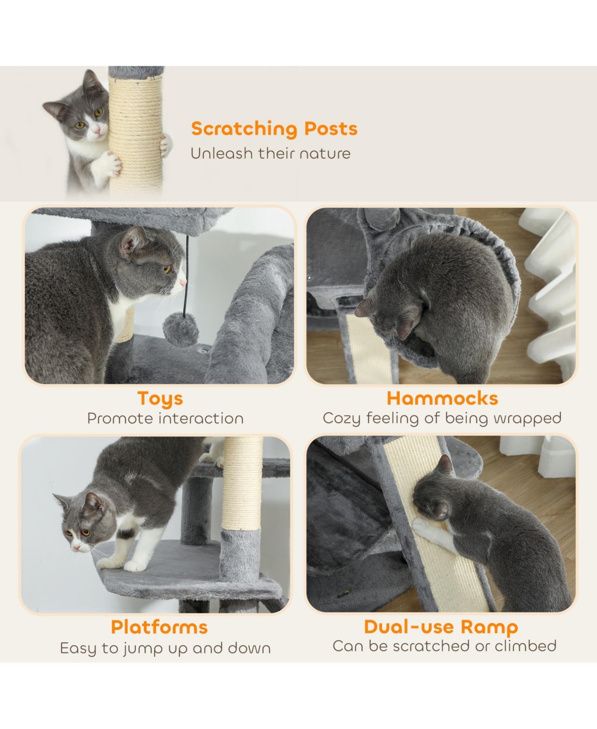 Ruie 69 Inch Cat Tree Tower with 2 Condos 3 Hammocks and 8 Scratching Posts