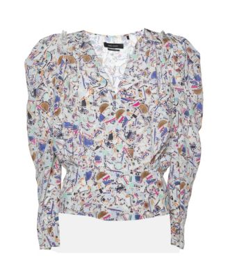 Isabel Marant Women's Amba Mosaic-Print Puffed-Long-Sleeve V-Neck Silk-Blend Blouse