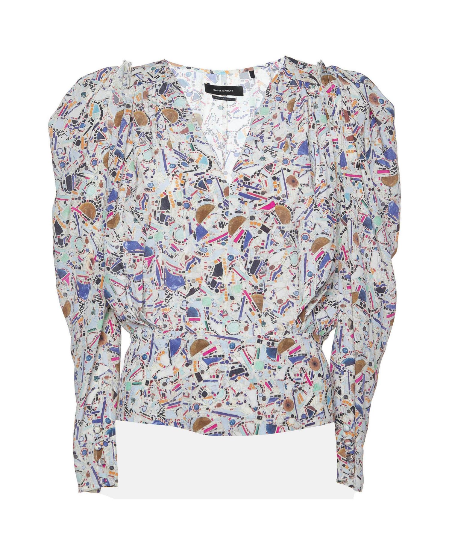Isabel Marant Women's Amba Mosaic-Print Puffed-Long-Sleeve V-Neck Silk-Blend Blouse