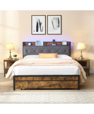 Queen Size Platform Bed Frame with Upholstered Headboard, LED Lights, USB Outlets, 2 Storage Drawers, No Box Spring Needed