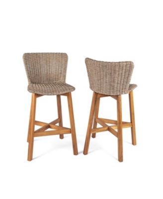Lymington Outdoor Bar Stool Set of 2, Teak Finished Wood with Wicker Seat