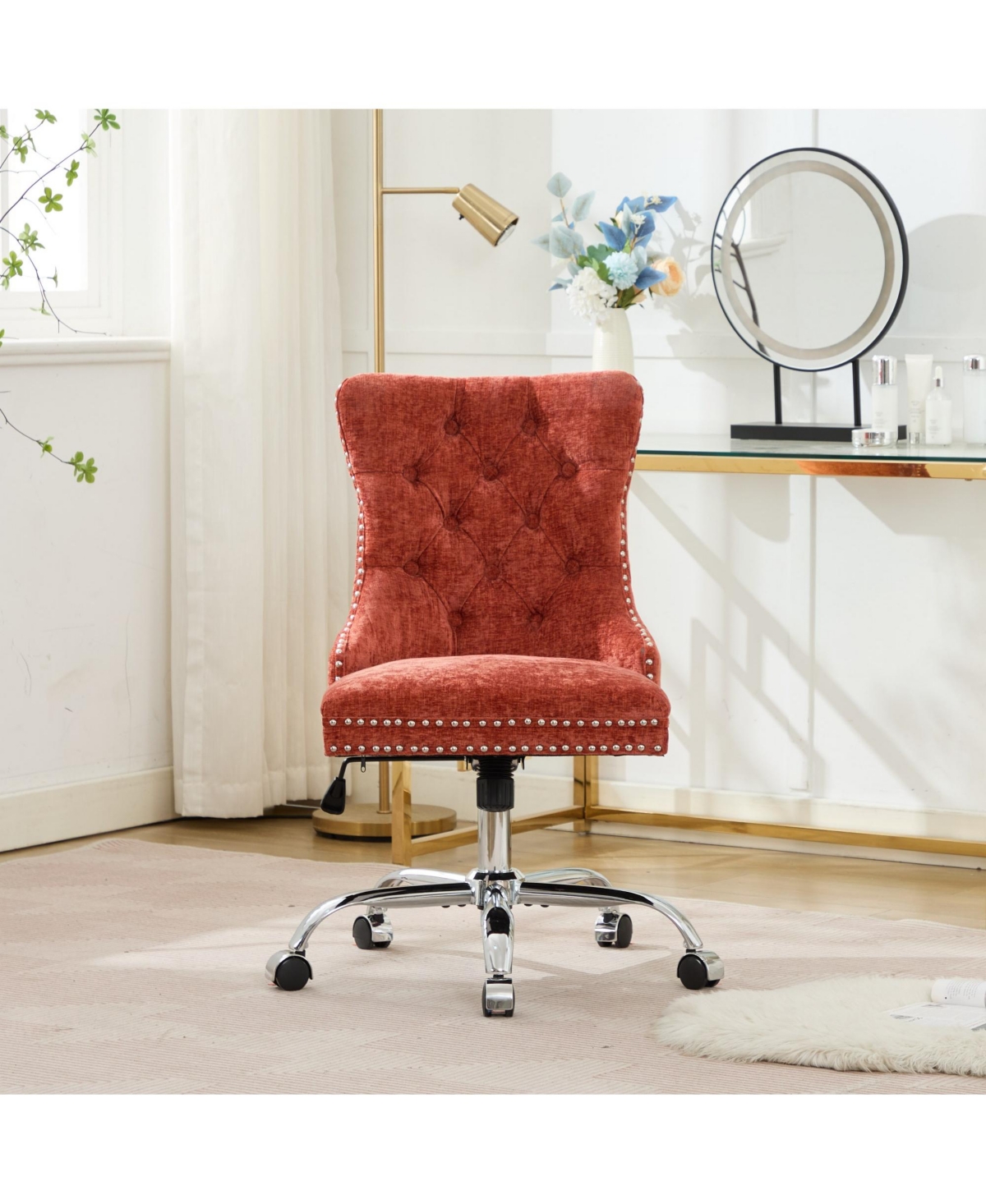 Clihome Chenille Upholstered Tufted Button Home Office Chair, Adjustable Desk Chair Swivel Office Chair