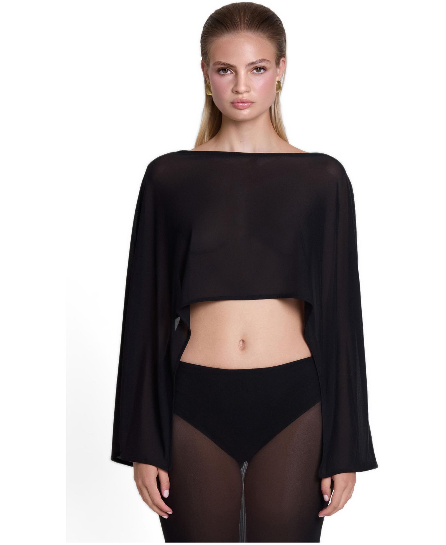 Женская накидка LEAU Imogen Sheer Mesh Long-Sleeve Boat Neck Cape, цвет: Чёрный — фото 1
