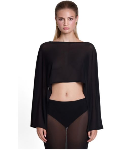Женская накидка LEAU Imogen Sheer Mesh Long-Sleeve Boat Neck Cape, цвет: Чёрный