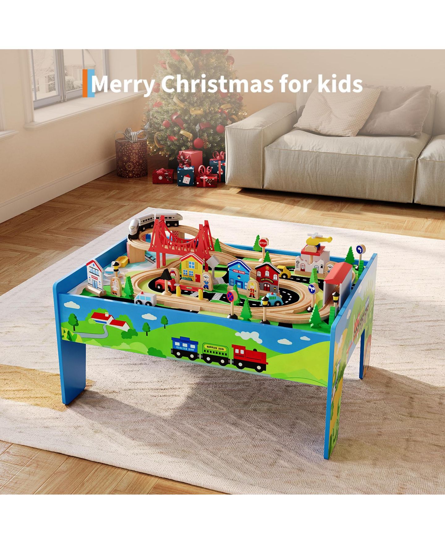 Детские игрушки homfan Train and City 2 in 1 Reversible 80-Piece Wooden Activity Table, Ages 3+ — фото 1