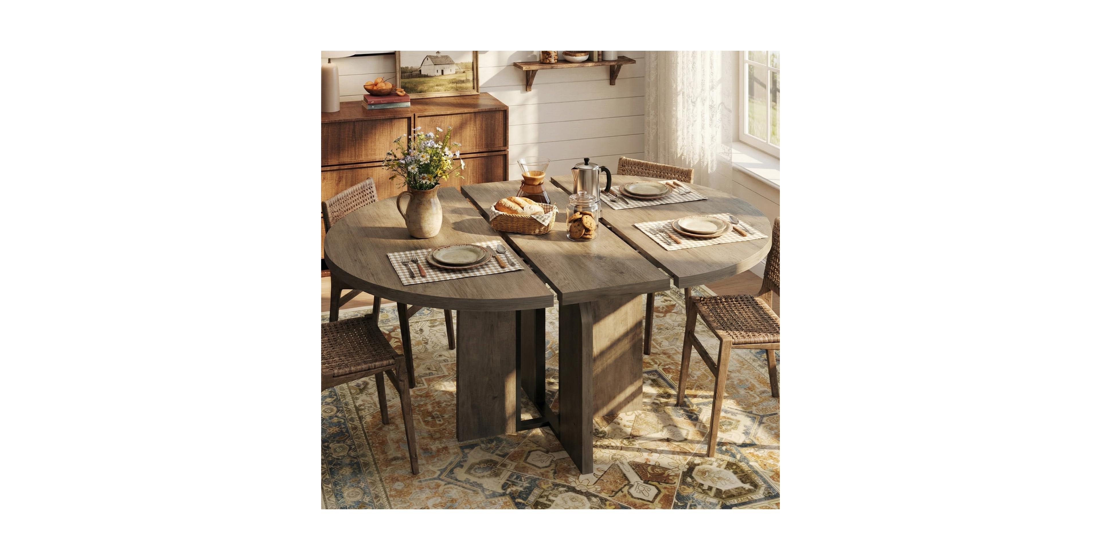 homfan 47"-63" Extendable Farmhouse Dining Table with Arched Legs, Round to Oval