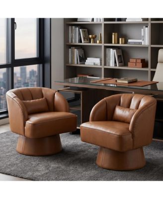 360degree(s) Swivel Barrel Chairs Set of 2, Ultra-Plush PU Seat with Cloud-Like Padding and Striped Backrest, Round for Living Room, Bedroom