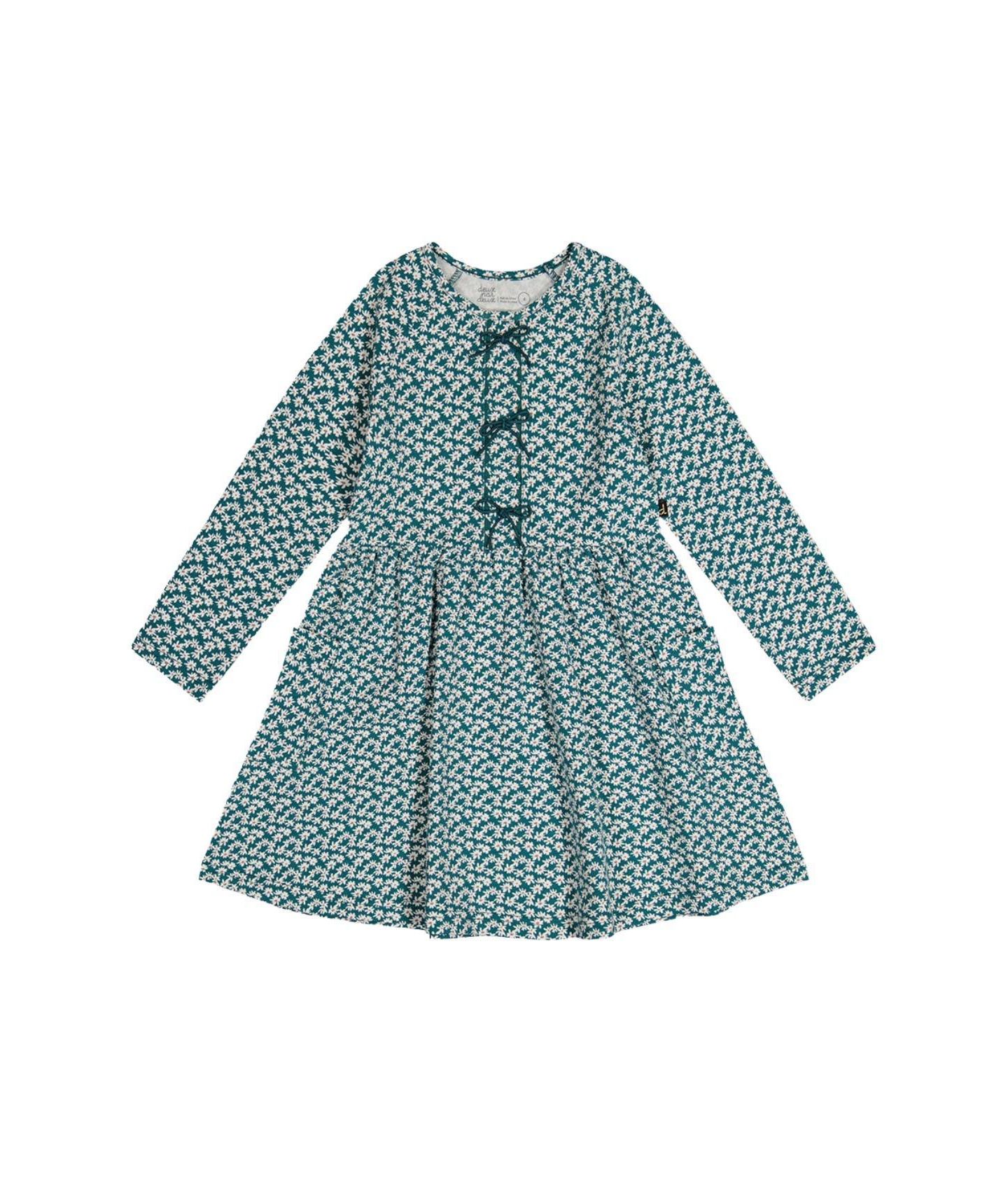 Платье Deux par Deux Cotton Dress with Pockets Floral Print для девочек, цвет: Зелёный с принтом — фото 1
