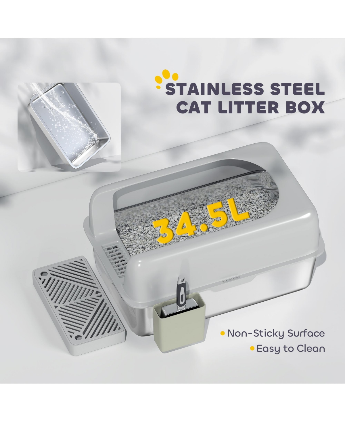 Ruie High Sided Stainless Steel Litter Box with Metal Scoop and Scoop Holder