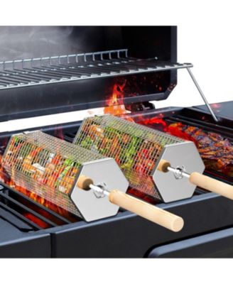 Rolling Grill Basket Removable Wooden Handle Stainless Steel BBQ Tool