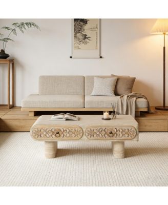 Modern Round Corner Coffee Table with Patterned Wood Drawer, MDF Low Profile Accent Table