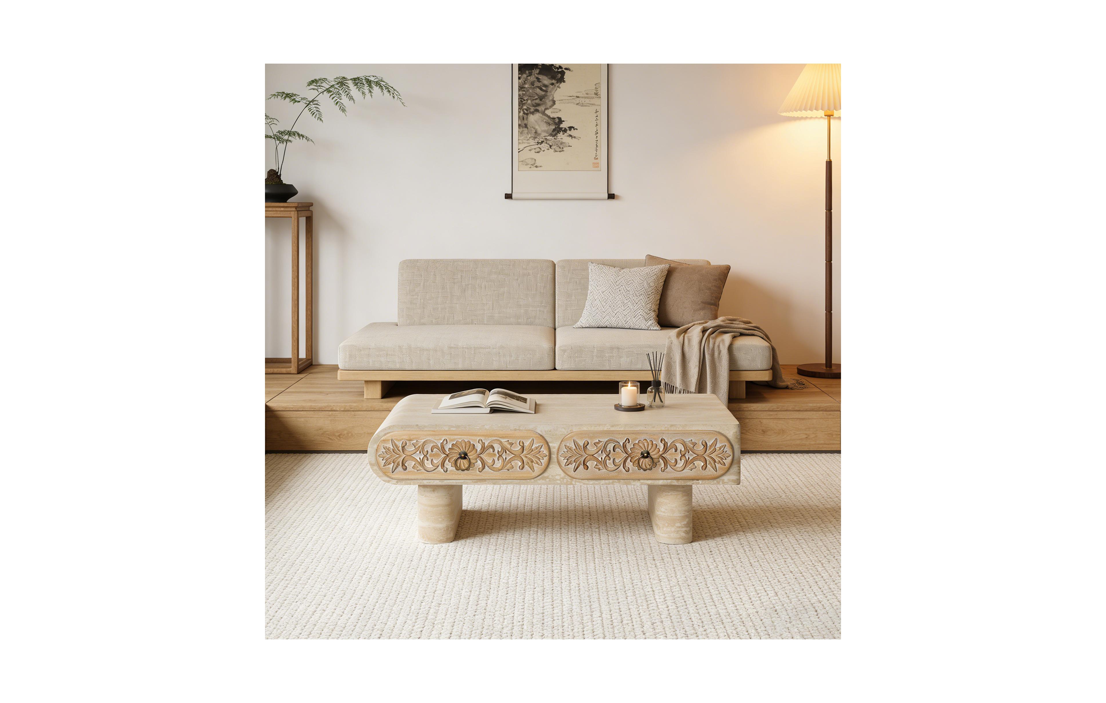 Clihome Modern Round Corner Coffee Table with Patterned Wood Drawer, Mdf Low Profile Accent Table