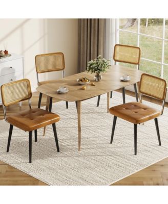 Set of 4 Rattan Accent Side Dining Chairs, Padded Faux Leather Seat with Sturdy Metal Frame, Armless Dining Chairs