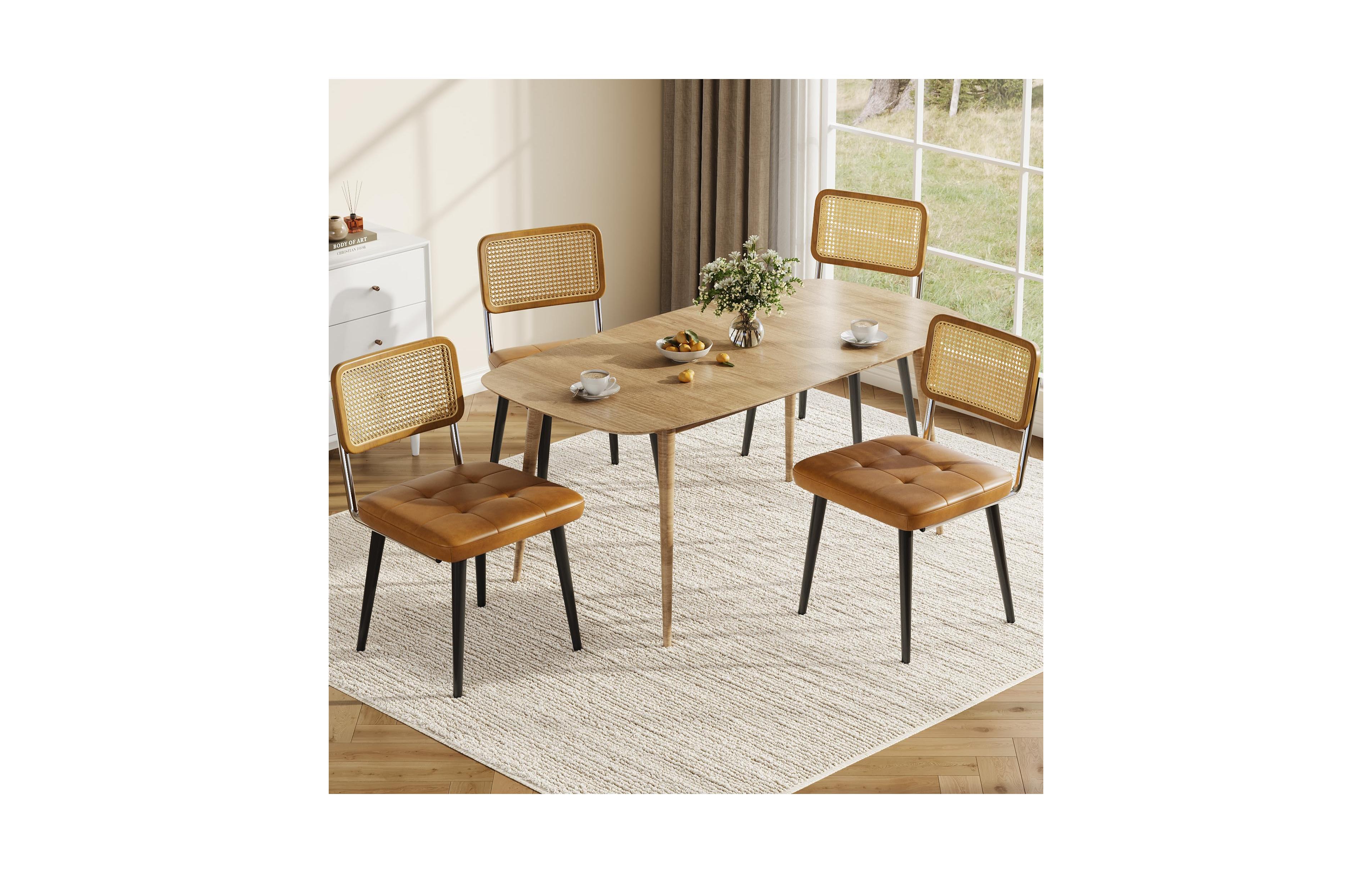 homfan Set of 4 Rattan Accent Side Dining Chairs, Padded Faux Leather Seat with Sturdy Metal Frame, Armless Chairs