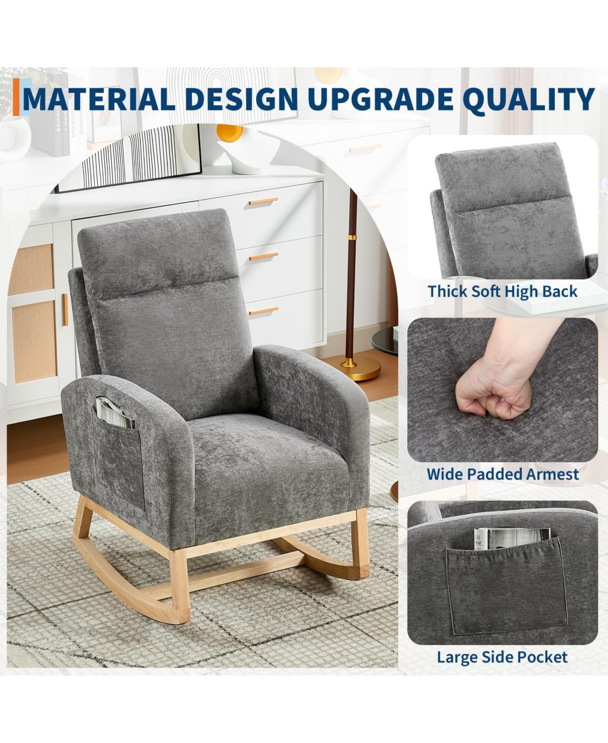 homfan Set of 2 Modern Rocking Chair, Nursery High Back, Side Pocket,Upholstered Glider Armchair with Rubber Wood Legs