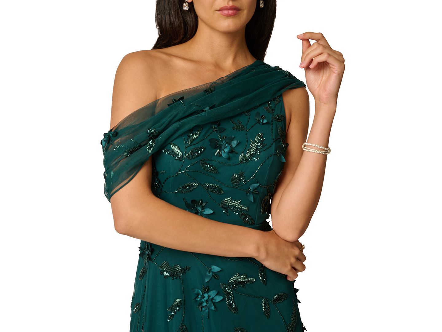 Женские платья Adrianna Papell One-Shoulder Beaded Gown, цвет: Зелёный — фото 3