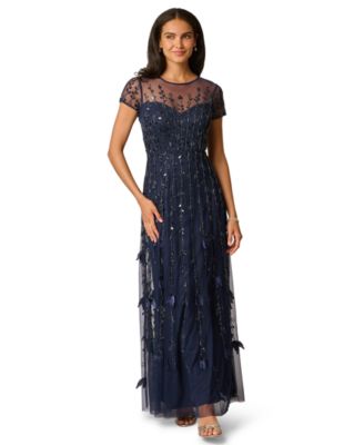 Women's Crew Neck Beaded 3D Petal Gown