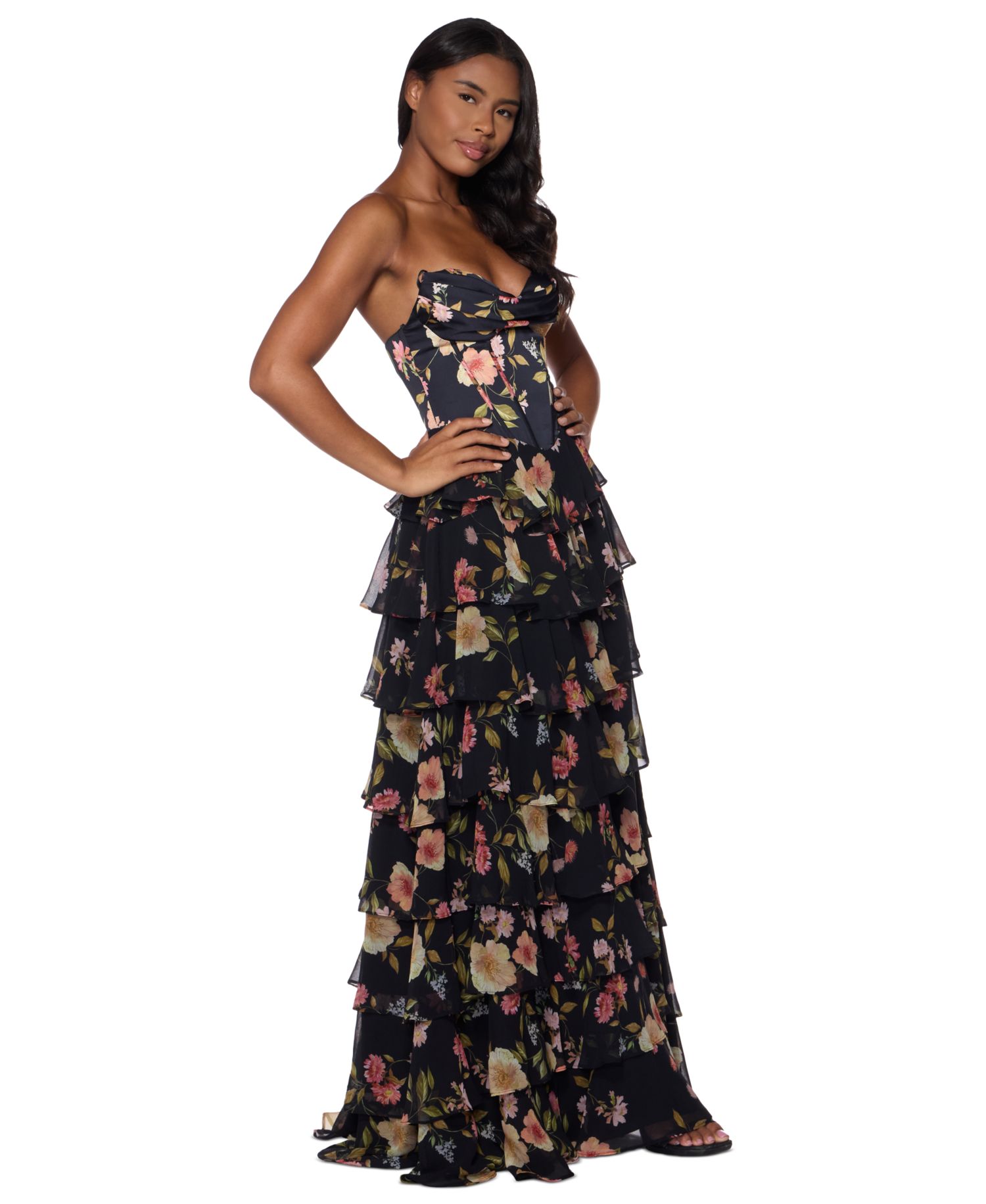 Juniors' Strapless Sweetheart-Neck Corset-Style Bodice Tiered Skirt Dress