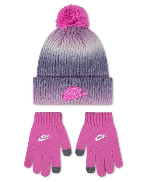 Комплекты Nike Girls' 7-16 Gradient Peak Pom Beanie and Gloves, 2-Piece Set, цвет: Розовый