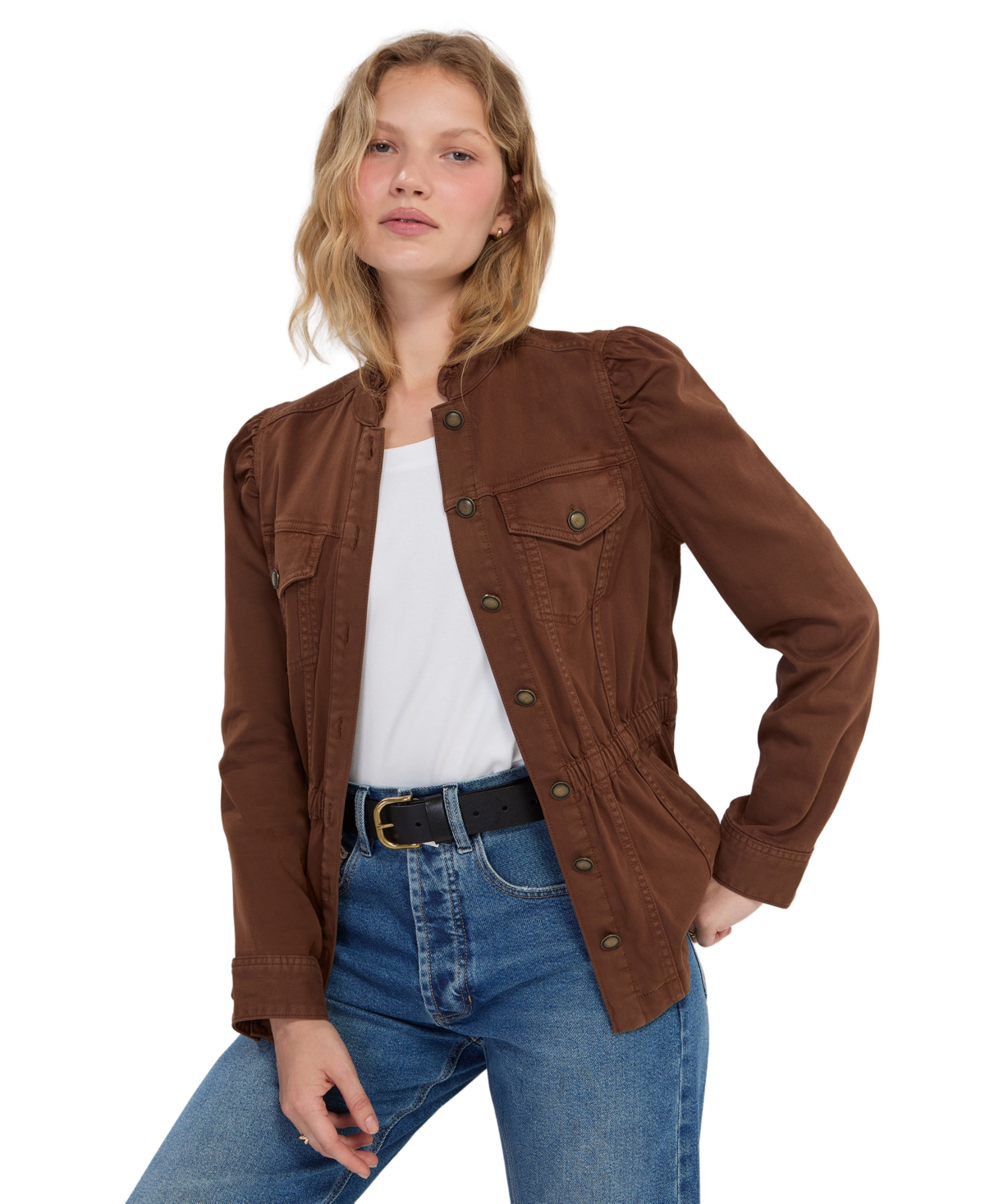 Liverpool Los Angeles Women's Puff Long-Sleeve Ruffle Collar Trucker Jacket
