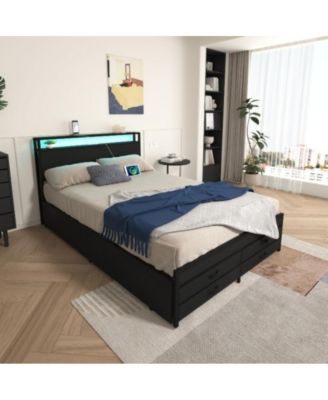 Full Size Bed Frame with 8 Storage Drawers, LED Headboard, USB Charging Station, Metal Platform, No Box Spring Needed