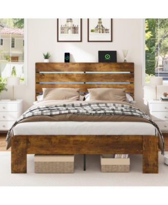 Queen Size Bed Frame with Headboard and Footboard, LED Lights, USB Charging Station, All-Metal Support, No Box Spring Needed
