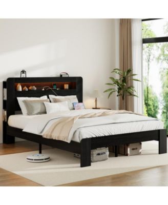 Full Size Wood Platform Bed Frame with Storage LED Headboard, USB Charging, Wood Slats, No Box Spring Needed