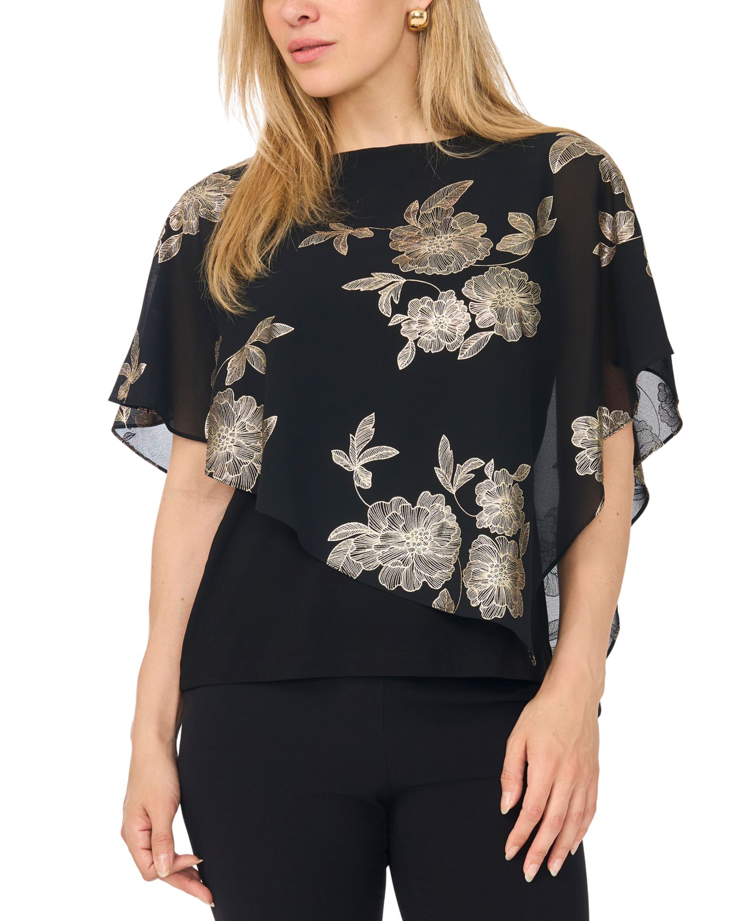 Petite Combo Overlay Asymmetrical Floral-Metallic Top